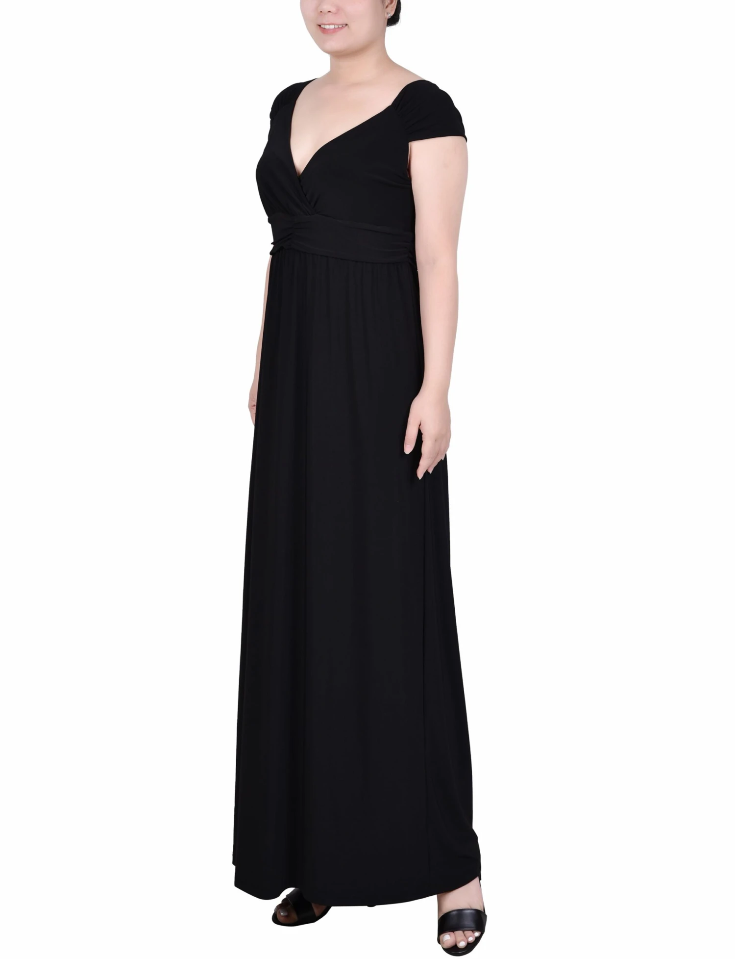 Elegant Black Ruched Empire-Waist Maxi Dress with Cap Sleeves 2 Elegant Black Ruched Empire-Waist Maxi Dress with Cap Sleeves - Image 2