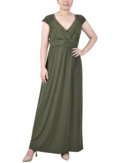 Elegant Oil Green Ruched Empire-Waist Maxi Dress with Sweetheart Neckline