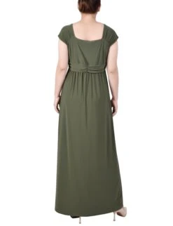 Elegant Oil Green Ruched Empire-Waist Maxi Dress with Sweetheart Neckline -Dressbarn Store MQID0122OILGREENBACK