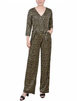 Gold Chain Link Belted Jumpsuit with 3/4 Sleeves and Wide Leg