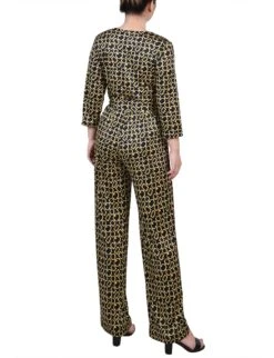 Gold Chain Link Belted Jumpsuit with 3/4 Sleeves and Wide Leg 7 Gold Chain Link Belted Jumpsuit with 3/4 Sleeves and Wide Leg -Dressbarn Store MQIU0013BLACKGOLDCHAINLINKBACK