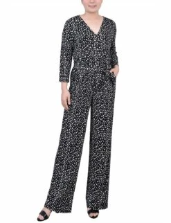 Black Spotted 3/4 Sleeve Belted Wide Leg Jumpsuit with Sash Tie