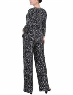 Black Spotted 3/4 Sleeve Belted Wide Leg Jumpsuit with Sash Tie -Dressbarn Store MQIU0013BLACKWHITEICEMOONBACK