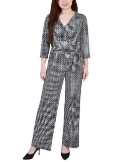 Elegant Polka Dot Wide Leg Jumpsuit with 3/4 Sleeves and Belted Waist