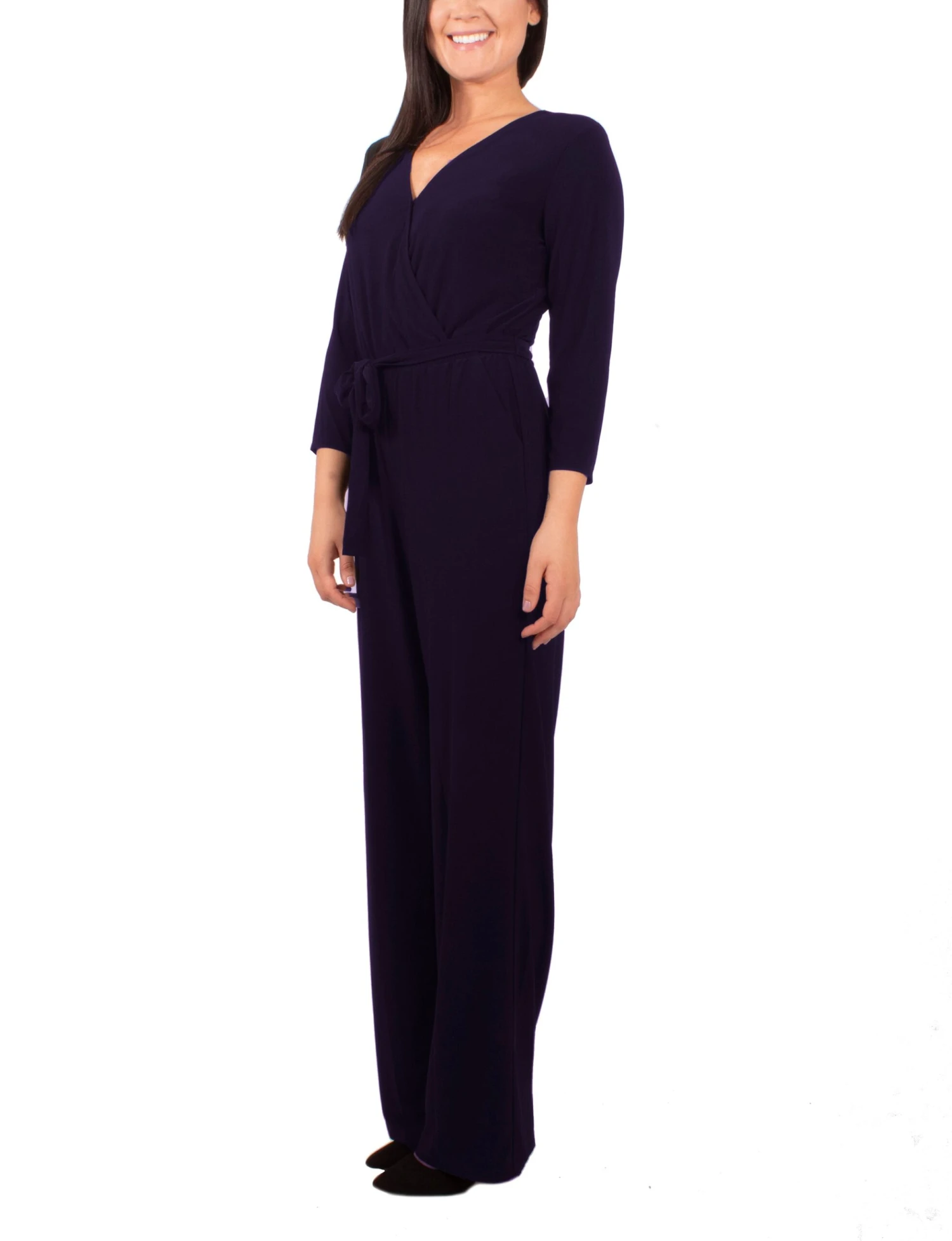 Navy 3/4 Sleeve Belted Wide Leg Jumpsuit for Professional & Evening Wear 2 Navy 3/4 Sleeve Belted Wide Leg Jumpsuit for Professional & Evening Wear - Image 2