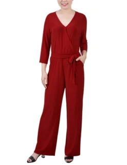 Wine Wide Leg Jumpsuit with 3/4 Sleeves and Belted Waist