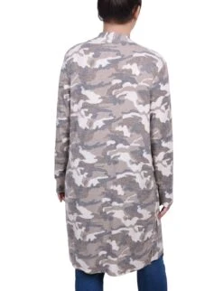 Tan Camo Long Sleeve Rib Knit Open Front Cardigan with Pockets -Dressbarn Store MRBR4647TANCAMOBACK