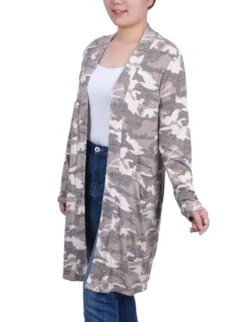 Tan Camo Long Sleeve Rib Knit Open Front Cardigan with Pockets -Dressbarn Store MRBR4647TANCAMOSIDE