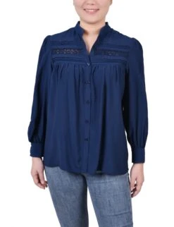 Medieval Blue Long Sleeve Crochet Blouse with Pintuck Detail