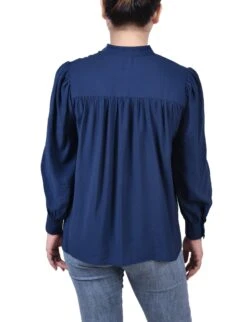 Medieval Blue Long Sleeve Crochet Blouse with Pintuck Detail -Dressbarn Store MRJB1784MEDIEVALBLUEBACK