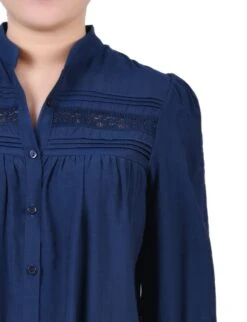 Medieval Blue Long Sleeve Crochet Blouse with Pintuck Detail -Dressbarn Store MRJB1784MEDIEVALBLUEDETAIL