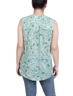 Elegant Green Paisley Floral Sleeveless Pintucked Blouse -Dressbarn Store MRJU0684PGREENPAISLEYFLORALBACK
