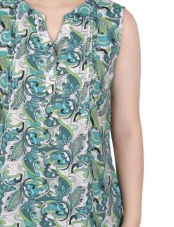 Elegant Green Paisley Floral Sleeveless Pintucked Blouse -Dressbarn Store MRJU0684PGREENPAISLEYFLORALDETAIL
