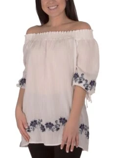 Floral Embroidered Elbow Sleeve Peasant Blouse - White