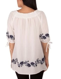 Floral Embroidered Elbow Sleeve Peasant Blouse - White -Dressbarn Store MRJU0744WHITEBACK