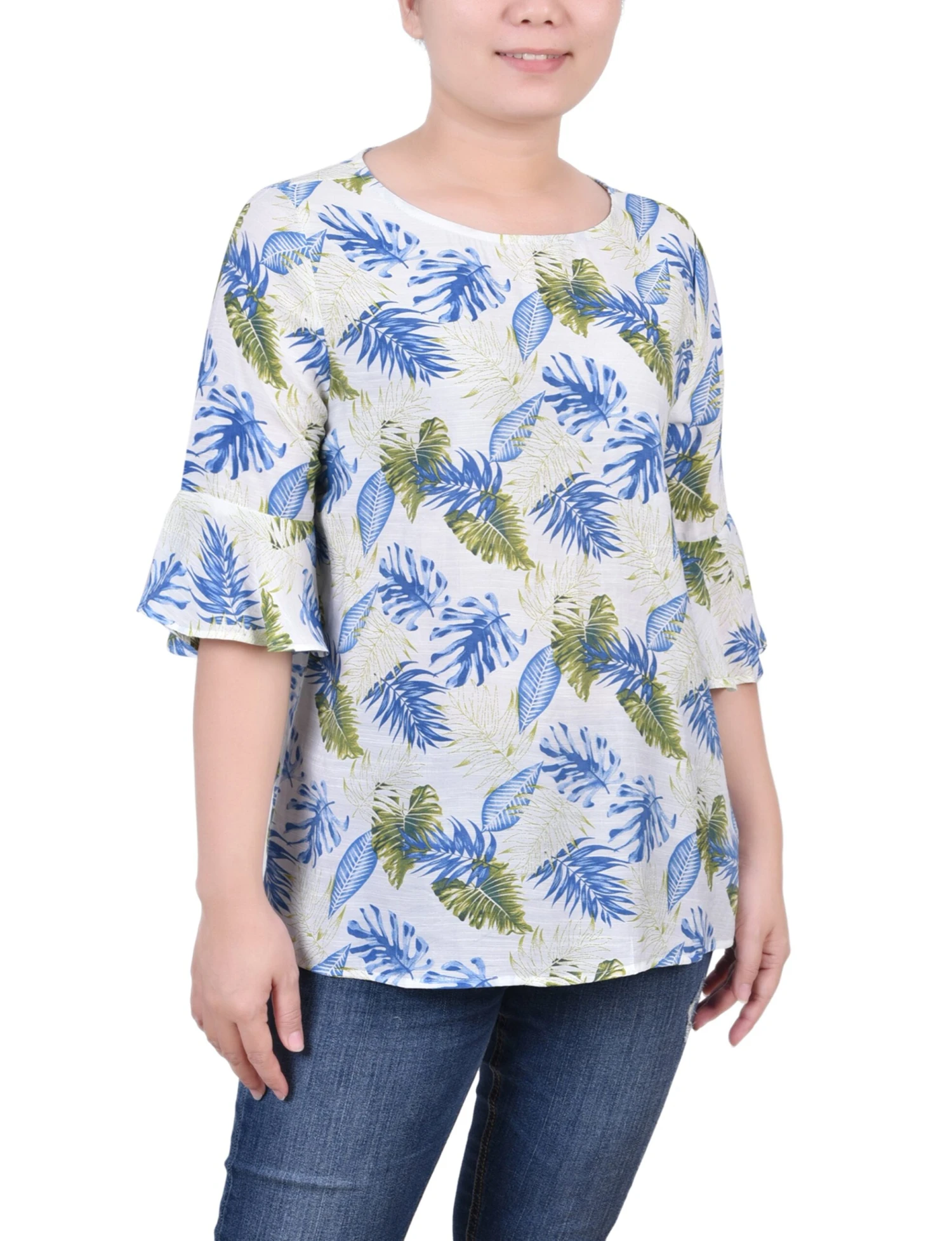 Tropical Green Bell Sleeve Blouse - Versatile Figure-Flattering Tunic 1 Tropical Green Bell Sleeve Blouse - Versatile Figure-Flattering Tunic