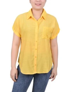 Short Extended Sleeve Blouse with Eyelet Detailing - Samoan Sun