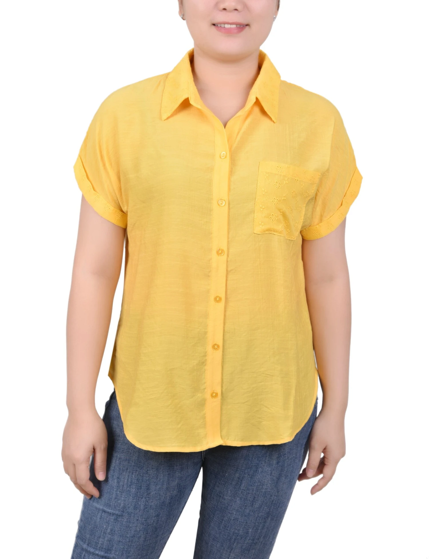 Short Extended Sleeve Blouse with Eyelet Detailing - Samoan Sun 1 Short Extended Sleeve Blouse with Eyelet Detailing - Samoan Sun