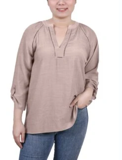 Oxford Tan Raglan Sleeve Split Neck Blouse with Inset Trim
