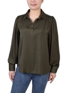 Olive Satin Blouse with Long Puff Sleeves - Elegant Versatile Top