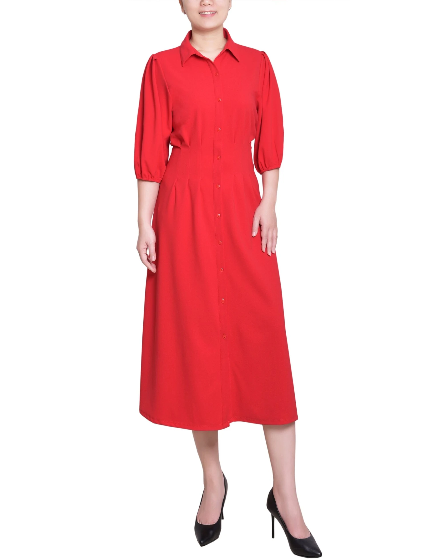Fire Red Elbow Sleeve Midi Shirt Dress with Flattering Cinched Waist 1 Fire Red Elbow Sleeve Midi Shirt Dress with Flattering Cinched Waist