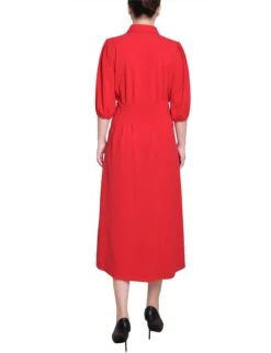 Fire Red Elbow Sleeve Midi Shirt Dress with Flattering Cinched Waist 7 Fire Red Elbow Sleeve Midi Shirt Dress with Flattering Cinched Waist -Dressbarn Store MSCD3379FIREREDBACK