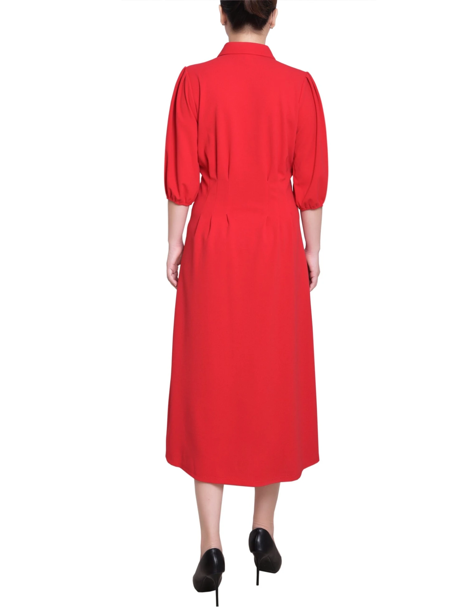Fire Red Elbow Sleeve Midi Shirt Dress with Flattering Cinched Waist 4 Fire Red Elbow Sleeve Midi Shirt Dress with Flattering Cinched Waist - Image 4