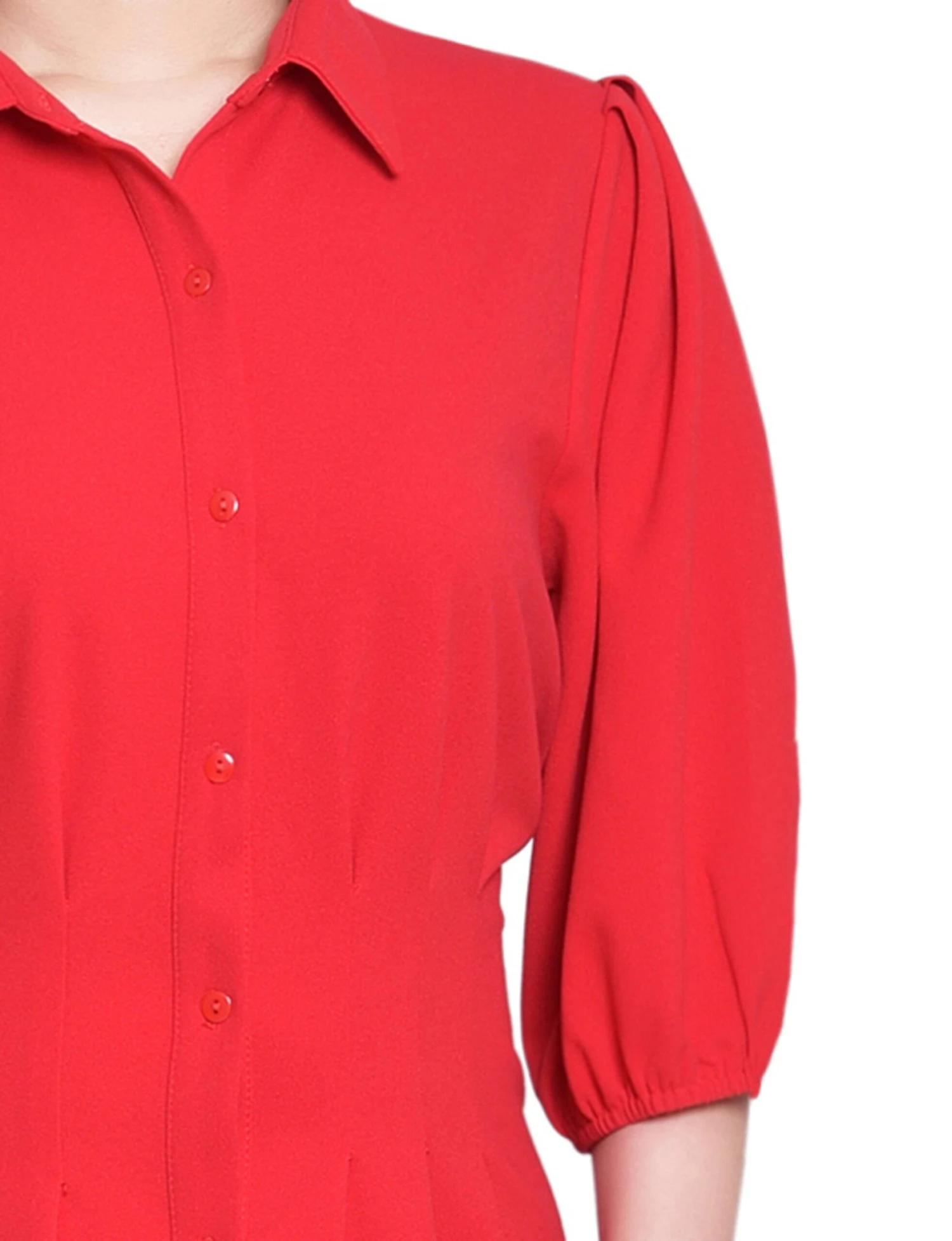 Fire Red Elbow Sleeve Midi Shirt Dress with Flattering Cinched Waist 2 Fire Red Elbow Sleeve Midi Shirt Dress with Flattering Cinched Waist - Image 2