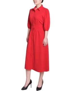 Fire Red Elbow Sleeve Midi Shirt Dress with Flattering Cinched Waist 6 Fire Red Elbow Sleeve Midi Shirt Dress with Flattering Cinched Waist -Dressbarn Store MSCD3379FIREREDSIDE