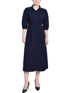 Navy Blue Puff Sleeve Midi Shirt Dress with Flattering Cinched Waist