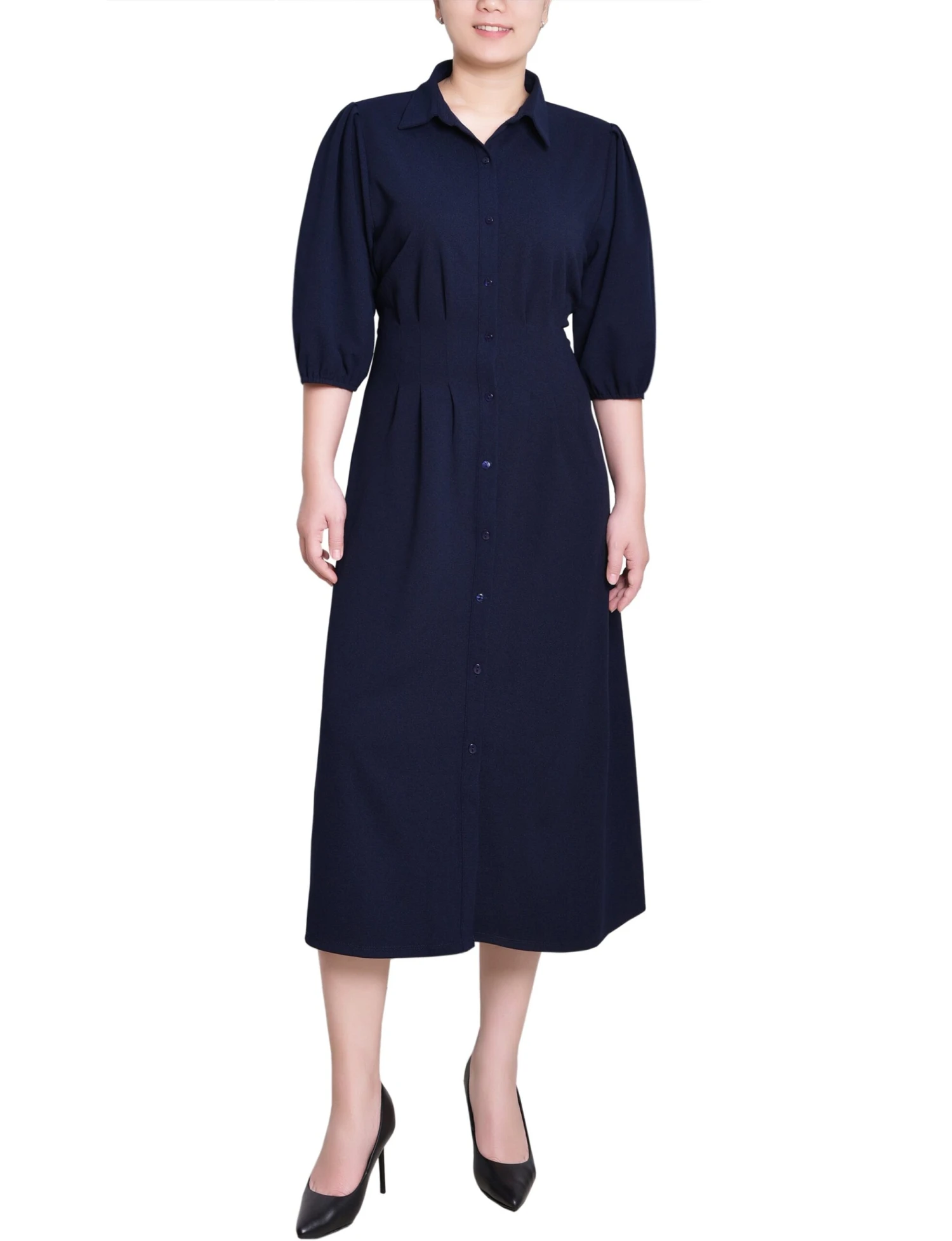 Navy Blue Puff Sleeve Midi Shirt Dress with Flattering Cinched Waist 1 Navy Blue Puff Sleeve Midi Shirt Dress with Flattering Cinched Waist