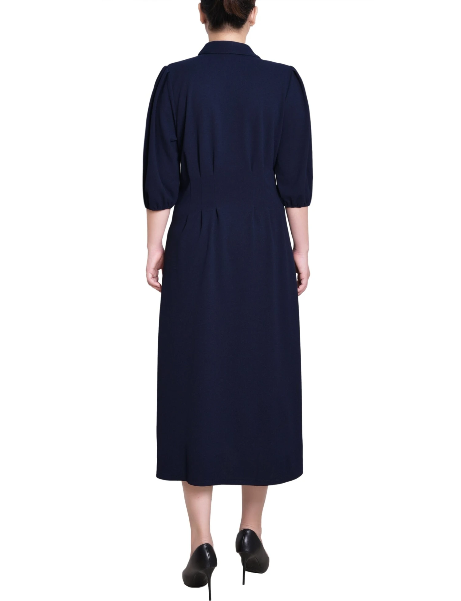 Navy Blue Puff Sleeve Midi Shirt Dress with Flattering Cinched Waist 4 Navy Blue Puff Sleeve Midi Shirt Dress with Flattering Cinched Waist - Image 4