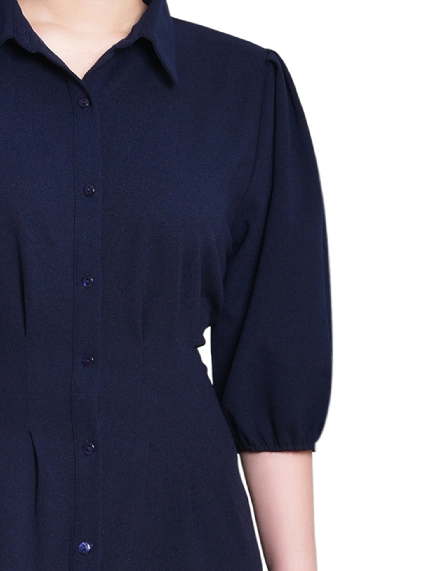 Navy Blue Puff Sleeve Midi Shirt Dress with Flattering Cinched Waist 2 Navy Blue Puff Sleeve Midi Shirt Dress with Flattering Cinched Waist - Image 2