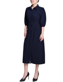 Navy Blue Puff Sleeve Midi Shirt Dress with Flattering Cinched Waist 6 Navy Blue Puff Sleeve Midi Shirt Dress with Flattering Cinched Waist -Dressbarn Store MSCD3379NAVYSIDE