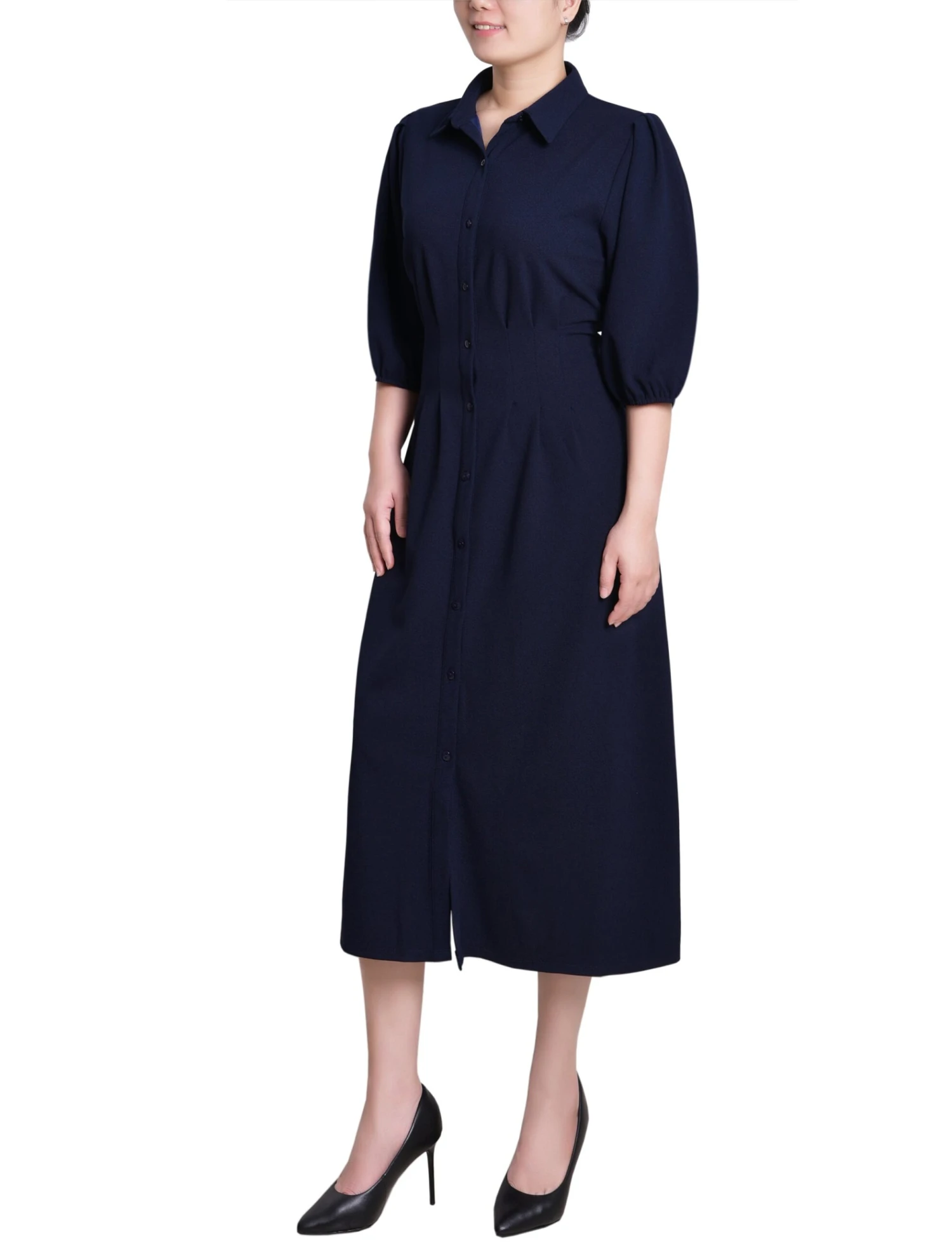 Navy Blue Puff Sleeve Midi Shirt Dress with Flattering Cinched Waist 3 Navy Blue Puff Sleeve Midi Shirt Dress with Flattering Cinched Waist - Image 3