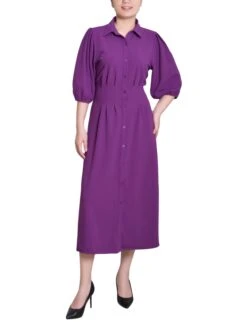 Orchid Elbow Sleeve Midi Shirt Dress with Flattering Cinched Waist