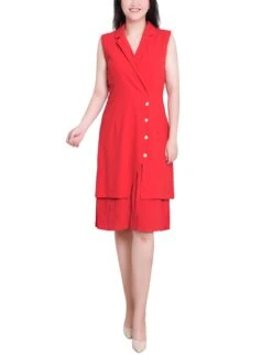 Elegant Fire Red Sleeveless Wrap Dress with Pleated Asymmetric Hem