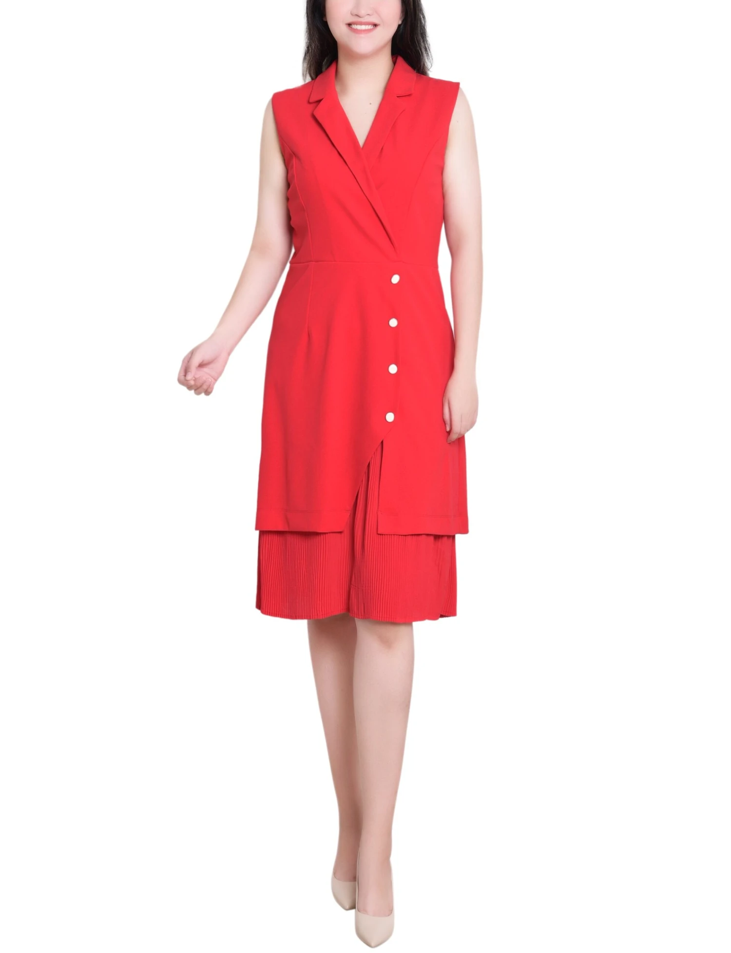 Elegant Fire Red Sleeveless Wrap Dress with Pleated Asymmetric Hem 1 Elegant Fire Red Sleeveless Wrap Dress with Pleated Asymmetric Hem