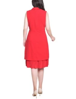 Elegant Fire Red Sleeveless Wrap Dress with Pleated Asymmetric Hem 7 Elegant Fire Red Sleeveless Wrap Dress with Pleated Asymmetric Hem -Dressbarn Store MSCD3807FIREREDBACK