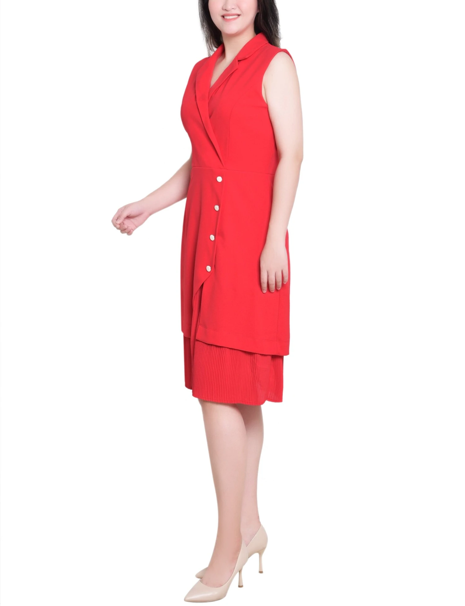 Elegant Fire Red Sleeveless Wrap Dress with Pleated Asymmetric Hem 3 Elegant Fire Red Sleeveless Wrap Dress with Pleated Asymmetric Hem - Image 3