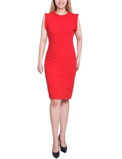 Fire Red Sleeveless Ruffle Detail Sheath Dress