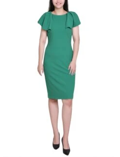 Emerald Green Flutter Sleeve Sheath Dress - Elegant Work-to-Evening Style