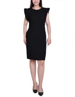 Elegant Black Ruffle Sleeve Scuba Sheath Dress