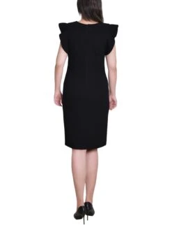 Elegant Black Ruffle Sleeve Scuba Sheath Dress -Dressbarn Store MSCD3892BLACKBACK