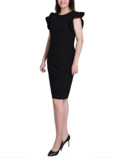 Elegant Black Ruffle Sleeve Scuba Sheath Dress -Dressbarn Store MSCD3892BLACKSIDE