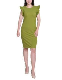 Kay Green Ruffle Sleeve Scuba Sheath Dress