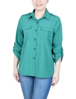 Jelly Bean 3/4 Sleeve Roll Tab Blouse with Shoulder Epaulettes