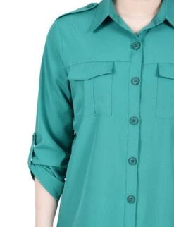 Jelly Bean 3/4 Sleeve Roll Tab Blouse with Shoulder Epaulettes -Dressbarn Store MSTB1722SJELLYBEANDETAIL