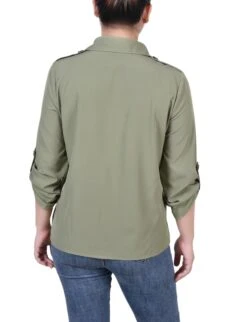 Oil Green 3/4 Sleeve Roll Tab Blouse with Utility Pockets -Dressbarn Store MSTB1722SOILGREENBACK
