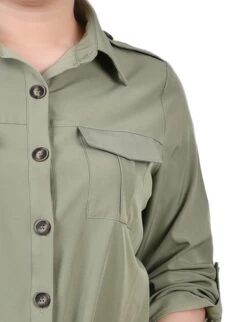 Oil Green 3/4 Sleeve Roll Tab Blouse with Utility Pockets -Dressbarn Store MSTB1722SOILGREENDETAIL